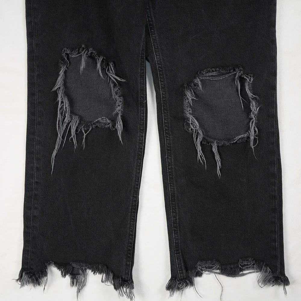 We The Free Free People Black Distressed Straight Leg Jeans Button Fly Size 31